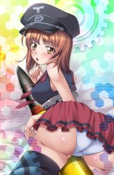 Rule 34 | 10s, 1girl, ammunition, ass, bent over, black thighhighs, blue panties, blush, girls und panzer, hat, highres, kantai collection, looking at viewer, looking back, mecha musume, miniskirt, nishizumi miho, panties, pantyshot, parody, parted lips, peaked cap, pleated skirt, ribbon, rozario00, shell (projectile), skirt, sleeveless, solo, straddling, style parody, thighhighs, underwear