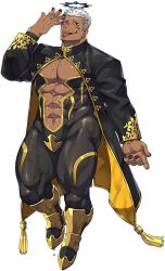 Rule 34 | 1boy, abs, bara, black nails, bodysuit, boots, cape, collared cape, dark-skinned male, dark skin, facial tattoo, halo, israfil (housamo), liquid, long sleeves, looking at viewer, male focus, manly, mature male, muscular, muscular male, nail polish, naop (anything), official art, pectoral cleavage, pectorals, red eyes, solo, sparkle, spiked hair, sweat, tattoo, teeth, thick thighs, thighs, tight clothes, tokyo houkago summoners, tongue, tongue out, transparent background, white hair