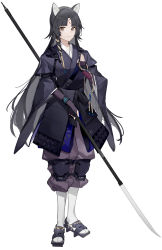 Rule 34 | 1girl, absurdres, animal ears, arknights, armor, asymmetrical hair, beads, black hair, black kimono, braid, closed mouth, commentary, dog ears, facial mark, fingerless gloves, forehead mark, full body, geta, gloves, grey eyes, highres, holding, holding weapon, infection monitor (arknights), japanese armor, japanese clothes, kimono, knee pads, light smile, long hair, looking at viewer, luozhou pile, naginata, open hand, pants, parted bangs, polearm, prayer beads, purple gloves, purple pants, saga (arknights), side braid, simple background, single braid, solo, standing, strap, tabi, weapon, white background, white legwear, wide sleeves