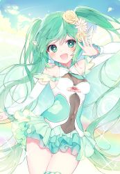 Rule 34 | 1girl, bad id, bad pixiv id, covered navel, cowboy shot, detached sleeves, goodsmile racing, green eyes, green hair, hatsune miku, highres, leotard, long hair, looking at viewer, neko osssm, open mouth, race queen, solo, twintails, very long hair, vocaloid