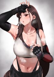 Rule 34 | 1girl, bare shoulders, black hair, black skirt, blush, breasts, breath, commentary request, crop top, elbow gloves, elbow pads, final fantasy, final fantasy vii, final fantasy vii remake, fingerless gloves, gloves, highres, hot, large breasts, long hair, low-tied long hair, monoi daru, navel, red eyes, single elbow pad, skirt, solo, suspender skirt, suspenders, sweat, tank top, tifa lockhart, white tank top