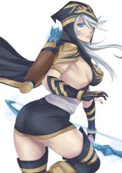 Rule 34 | 1girl, ashe (league of legends), ass, blue eyes, bow, breasts, cloak, league of legends, long hair, pencil skirt, sideboob, silver hair, skirt, smile, solo
