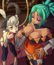 Rule 34 | 2girls, absurdres, black hair, boots, breasts, cerebella (skullgirls), cleavage, closed eyes, clothes pull, detached collar, eyeshadow, fanning self, feather hair ornament, feng (skullgirls), green hair, green lips, hair ornament, hand on own hip, hat, highres, indoors, leaning forward, looking at another, makeup, moxydraws, multicolored hair, multiple girls, nail polish, ponytail, purple eyes, shirt pull, short hair, skirt, skullgirls, sweat, thigh boots, two-tone hair, unworn hat, unworn headwear, white hair