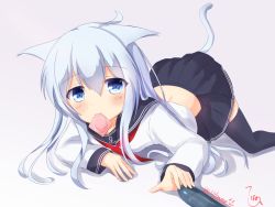 Rule 34 | 10s, 1girl, akabane hibame, animal ears, black thighhighs, blue eyes, cat ears, cat tail, condom, condom in mouth, hibiki (kancolle), kantai collection, kemonomimi mode, looking at viewer, mouth hold, no headwear, no headwear, school uniform, serafuku, silver hair, skirt, solo, tail, thighhighs, torpedo