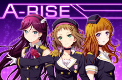 Rule 34 | 10s, 3girls, a-rise, beret, blue eyes, blush, brown hair, choker, collarbone, earrings, epaulettes, flower, garrison cap, gloves, green eyes, hairband, hat, idol, jewelry, kira tsubasa, light smile, long hair, long sleeves, looking at viewer, love live!, love live! school idol project, medal, mole, mole under eye, multiple girls, outline, outstretched arm, parted lips, purple eyes, purple hair, red rose, rose, shian (my lonly life.), short hair, short sleeves, sleeveless, smile, sparkle, todo erena, upper body, white gloves, yuuki anju