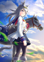 Rule 34 | 1girl, absurdres, ahoge, animal ears, belt, black pantyhose, blue eyes, blue skirt, blue sky, boots, cheesecake (artist), cloud, cloudy sky, commentary request, creature and personification, day, ear ornament, from side, grey hair, hair ornament, highres, horse ears, horse girl, horse tail, jacket, long hair, long sleeves, looking at viewer, looking back, midriff peek, miniskirt, neckerchief, oguri cap (racehorse), oguri cap (umamusume), outdoors, pantyhose, partial commentary, pleated skirt, red neckerchief, shirt, single horizontal stripe, skirt, sky, smile, solo, standing, tail, umamusume, white belt, white footwear, white jacket, white shirt, wind