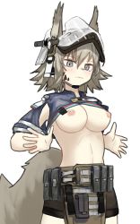 Rule 34 | 1girl, animal ears, arknights, armor, armpit cutout, ashlock (arknights), belt pouch, breasts, breasts out, clothing cutout, grey eyes, grey hair, helm, helmet, highres, medium breasts, nipples, pouch, shirt hair, unworn shirt, shorts, solo, squirrel ears, squirrel tail, tail