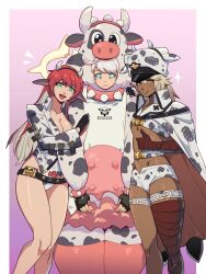 3girls absurdres adapted_costume animal_costume animal_ears animal_print bandaged_arm bandaged_leg bandages bare_legs breasts broken_horn cleavage colored_inner_hair cow_costume cow_ears cow_horns cow_print elphelt_valentine fake_animal_ears fake_horns fingerless_gloves gloves grey_hair guilty_gear guilty_gear_strive highres horns jack-o&#039;_valentine leotard multicolored_hair multiple_girls ramlethal_valentine red_hair siblings sisters skullworms thighs thumbs_up