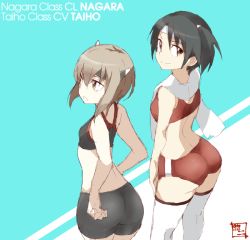 Rule 34 | 10s, 2girls, :o, alternate costume, ass, bad id, bad twitter id, bare shoulders, bike shorts, black hair, brown eyes, brown hair, buruma, character name, from behind, headband, kantai collection, looking at viewer, looking back, multiple girls, nagara (kancolle), one side up, open mouth, shigino sohuzi, short hair, sidelocks, simple background, smile, sports bra, striped, striped background, taihou (kancolle), thighhighs, towel, towel around neck, two-tone background, white legwear