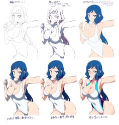 Rule 34 | 1girl, aqua eyes, armpits, batta 16-sei, blue background, blue hair, blush, breasts, cleavage, closed mouth, commentary, competition swimsuit, covered navel, cowboy shot, gundam, gundam build fighters, highres, how to, iori rinko, large breasts, lineart, long hair, looking at viewer, low ponytail, mature female, multicolored clothes, multicolored swimsuit, one-piece swimsuit, outstretched arm, parted bangs, partially colored, ponytail, scrunchie, signature, simple background, smile, solo, standing, swimsuit, white one-piece swimsuit