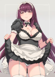 Rule 34 | 1girl, alternate costume, apron, black dress, blush, breasts, cleavage, clothes lift, commentary request, detached collar, dress, dress lift, enmaided, fate/grand order, fate (series), frills, garter straps, grey background, hair between eyes, hair intakes, highres, hip focus, large breasts, lifting own clothes, long hair, looking at viewer, maid, maid apron, maid headdress, neck ribbon, nuko (mikupantu), panties, puffy short sleeves, puffy sleeves, purple hair, red eyes, ribbon, scathach (fate), short sleeves, simple background, skirt, skirt lift, smile, solo, thighhighs, thighs, underwear, waist apron, white panties, white thighhighs, wrist cuffs