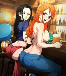 Rule 34 | 1boy, 2girls, absurdres, age difference, alcohol, ass, bar (place), bar stool, beer, beer mug, black hair, breasts, butt crack, cleavage, highres, huge breasts, large breasts, mug, multiple girls, nami (one piece), nico robin, noxdsa, one piece, orange hair, pubic hair, sitting, smile, stool, tattoo, tony tony chopper