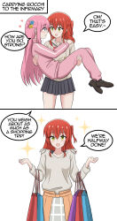Rule 34 | absurdres, ahoge, bag, blue eyes, bocchi the rock!, carrying, carrying bag, carrying person, commentary, english commentary, english text, gotoh hitori, green eyes, highres, kita ikuyo, kurofuro, long hair, pink hair, pink track suit, princess carry, red hair, school uniform, shopping bag, shuka high school uniform, side ahoge, track suit