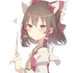 Rule 34 | 1girl, animal ears, aoi (annbi), ascot, blush, bow, brown eyes, brown hair, cat ears, commentary, detached sleeves, frilled bow, frills, hair bow, hair tubes, hakurei reimu, highres, kemonomimi mode, looking at viewer, looking to the side, pinky out, sanrio, simple background, solo, squiggle, touhou, upper body, white background, yellow ascot