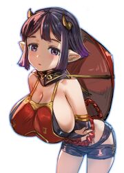 Rule 34 | 1girl, alternate breast size, black shorts, bow (bhp), breasts, cleavage, commentary request, draph, granblue fantasy, hat on back, horns, large breasts, looking at viewer, osada (granblue fantasy), pointy ears, purple eyes, purple hair, red headwear, revision, short hair, short shorts, shorts, simple background, solo, standing, thighs, white background