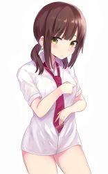 Rule 34 | 1girl, absurdres, blush, breasts, brown eyes, brown hair, closed mouth, collared shirt, commentary, dress shirt, hand up, highres, ichijou (kr neru0), long hair, looking at viewer, low twintails, nail polish, necktie, no pants, original, purple nails, purple necktie, school uniform, shirt, short sleeves, sidelocks, simple background, small breasts, solo, twintails, white background, white shirt