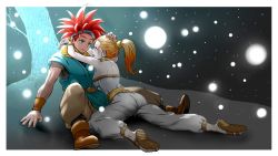 Rule 34 | 1boy, 1girl, ass, bad id, bad pixiv id, blonde hair, blue eyes, breasts, chrono trigger, closed mouth, crono (chrono trigger), feet, headband, highres, long hair, marle (chrono trigger), nabe puyo, open mouth, ponytail, red hair, sandals, smile, spiked hair