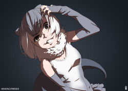 Rule 34 | 1girl, animal ears, arm up, bare shoulders, black eyes, copyright name, crazy eyes, crazy smile, elbow gloves, fingerless gloves, fur collar, gloves, grey gloves, grey hair, grey one-piece swimsuit, grin, half-closed eye, kemono friends, leaning to the side, looking at viewer, medium hair, multicolored hair, one-piece swimsuit, otter ears, otter tail, small-clawed otter (kemono friends), smile, solo, swimsuit, tail, takami masahiro, teeth, two-tone hair, upper body, white hair