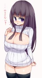 Rule 34 | 1girl, belly, black hair, black thighhighs, blush, breasts, bursting breasts, cleavage, cleavage cutout, clothing cutout, curvy, d:, female focus, highres, large breasts, long hair, looking at viewer, meme attire, navel, open-chest sweater, open mouth, original, plump, purple eyes, ribbed sweater, sasakawa momen, sawati, simple background, solo, sweater, thick thighs, thighhighs, thighs, wide hips