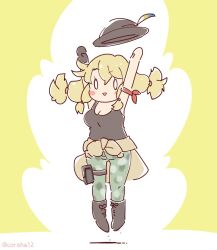 Rule 34 | 1girl, arms up, blonde hair, boots, calenda (kemono friends), camouflage, cardigan, coroha, full body, gloves, hat, hat feather, jumping, kemono friends, kemono friends 3, long hair, looking at viewer, pants, ribbon, simple background, solo, tank top, twintails, yellow background