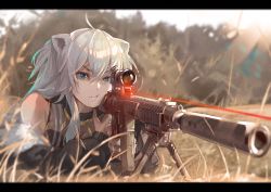 Rule 34 | 1girl, ahoge, animal ears, assault rifle, bare shoulders, bipod, breasts, cleavage, ear piercing, field, fur-trimmed jacket, fur trim, grey eyes, grey hair, gun, hair between eyes, highres, hololive, jacket, laser, laser pointer projection, laser sight, letterboxed, lion ears, lion girl, long hair, lying, outdoors, piercing, rifle, scope, see-through, see-through cleavage, shirt, shishiro botan, shishiro botan (1st costume), sidelocks, solo, suppressor, two side up, virtual youtuber, weapon, yoshikawa hiro