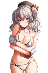 Rule 34 | 1girl, alternate costume, bad id, bad twitter id, belko, beret, bikini, blue eyes, blush, breasts, cleavage, closed mouth, collarbone, cowboy shot, gloves, groin, hair between eyes, half-closed eyes, halterneck, hat, highres, kantai collection, kashima (kancolle), large breasts, long hair, looking at viewer, navel, pussy juice, self hug, sidelocks, silver bikini, silver hair, simple background, skindentation, smile, solo, stomach, string bikini, swimsuit, thighs, tsurime, twintails, wavy hair, white background, white gloves