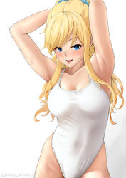 Rule 34 | 1girl, absurdres, armpits, arms up, artist name, bare arms, bare shoulders, blonde hair, blue eyes, blue scrunchie, blush, breasts, cleavage, collarbone, commentary request, competition swimsuit, cowboy shot, hair ornament, hair scrunchie, highres, idolmaster, idolmaster cinderella girls, kakure animani, large breasts, long hair, looking at viewer, navel, ohtsuki yui, one-piece swimsuit, open mouth, scrunchie, simple background, smile, solo, swimsuit, wavy hair, wet, wet clothes, white background