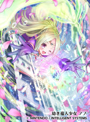Rule 34 | 1girl, blush, cape, company connection, copyright name, dragon, fire emblem, fire emblem awakening, fire emblem cipher, flat chest, gloves, green hair, jewelry, kousei horiguchi, nintendo, nowi (fire emblem), official art, one eye closed, open mouth, outdoors, petals, pointy ears, ponytail, purple eyes, smile, solo, stone, tiara