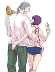 Rule 34 | 1boy, 1girl, ass, ass grab, bag, baguette, batou (gits), bikini, bikini under clothes, bread, couple, denim, denim shorts, food, g-string, ghost in the shell, grabbing another&#039;s ass, groceries, grocery bag, groping, hand on another&#039;s ass, height difference, hetero, ice cream, ice cream cone, kusanagi motoko, long sleeves, looking at another, manly, panties, pants, phile9, ponytail, purple hair, red bikini, shopping bag, short hair, short shorts, shorts, silver hair, simple background, smile, swimsuit, swimsuit under clothes, thong, underwear, whale tail (clothing), white background