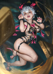 Rule 34 | 1girl, absurdres, animal ears, bow, breasts, broken, broken chain, brown eyes, cat ears, chain, cuffs, fangs, hair between eyes, high heels, highres, leather bikini, leather strap, legband, medium breasts, nail polish, open mouth, original, paw pose, pink bow, pink ribbon, restraints, ribbon, short hair, skindentation, teeth, thick thighs, thighs, torn ribbon, vergilhoo, white hair
