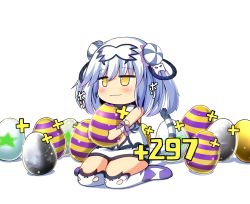 Rule 34 | 1girl, blush, chinese clothes, double bun, egg, haku (p&amp;d), highres, puzzle &amp; dragons, rena (riries), silver hair, solo, tail, tiger tail, wavy mouth, yellow eyes