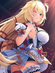 Rule 34 | 1girl, akai haato, aqua eyes, asymmetrical legwear, bare shoulders, bike shorts, blonde hair, blush, bodice, breasts, frilled straps, gloves, glowstick, hair ribbon, hand up, highres, hololive, hololive idol uniform, idol, idol clothes, large breasts, layered skirt, long hair, looking at viewer, low twintails, magowasabi, official alternate costume, one eye closed, one side up, parted lips, red ribbon, ribbon, signature, single thighhigh, skirt, skirt set, sleeveless, solo, standing, thigh strap, thighhighs, twintails, twitter username, uneven legwear, very long hair, virtual youtuber, white gloves