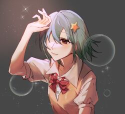 Rule 34 | 1girl, bow, bowtie, brown eyes, bubble, buttons, check copyright, chinese commentary, closed mouth, collared shirt, commentary, copyright request, gift art, green hair, grey background, hair ornament, half-closed eyes, hand on own head, highres, komatsu2536, medium hair, one-eyed, original, puffy short sleeves, puffy sleeves, red bow, red bowtie, shirt, short sleeves, smile, sparkle, squinting, star (symbol), star hair ornament, upper body, vest, white shirt, yellow vest