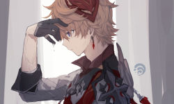 Rule 34 | 1boy, black gloves, blue eyes, earrings, genshin impact, gloves, hair between eyes, highres, honotai, jacket, jewelry, light brown hair, male focus, mask, mask on head, profile, red mask, simple background, single earring, solo, tartaglia (genshin impact), upper body, wet, wet clothes, wet hair