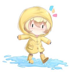 Rule 34 | 1girl, blonde hair, boots, chibi, colorado (kancolle), garrison cap, hat, highres, hood, hood up, hoodie, kantai collection, no mouth, puddle, raincoat, riretsuto, rubber boots, short hair, simple background, solid eyes, walking, walking on liquid, yellow footwear, yellow raincoat, | |