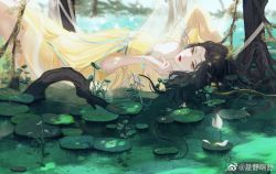 Rule 34 | 1girl, bare legs, black hair, bu zhiming gaibang xiashi, bug, butterfly, closed mouth, dress, highres, insect, jin pinger (zhu xian), lily pad, long hair, looking at viewer, lying, on back, petals, plant roots, second-party source, solo, upper body, vegetation, yellow dress, yellow eyes, zhu xian