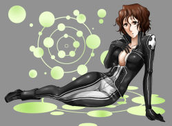 Rule 34 | 00s, 1girl, bodysuit, breasts, brown eyes, brown hair, cleavage, d.gray-man, large breasts, latex, leather, miranda lotto, shiny clothes, short hair, solo