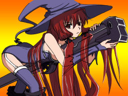 Rule 34 | 00s, 1girl, ass, boots, breasts, cannon, colorfag, colorized, drawfag, garter straps, gunner&#039;s broom, hair ribbon, hat, himuro akari, long hair, lying, night wizard, on stomach, red eyes, red hair, ribbon, sideboob, solo, straddling, strapless, thighhighs, very long hair, weapon, witch hat