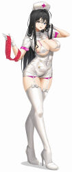 Rule 34 | 1girl, absurdres, bikini, black eyes, black hair, blue eyes, blush, breast cutout, breasts, cleavage, commission, condom, condom wrapper, covered navel, covered nipples, dress, full body, garter belt, garter straps, hat, heterochromia, high heels, highres, holding, holding condom, impossible clothes, large breasts, long hair, looking at viewer, multiple condoms, nurse, nurse cap, original, pixel (yuxian), pixiv commission, revealing clothes, simple background, smile, solo, swimsuit, thighhighs, white background, white bikini, white dress, white thighhighs