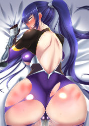 Rule 34 | 1girl, absurdres, ahegao, akiyama rinko, ass, backless outfit, bad id, bad pixiv id, bent over, blue hair, blush, bodysuit, breasts, cameltoe, from behind, highres, large breasts, long hair, nose blush, on bed, open mouth, pee, peeing, peeing self, pink eyes, ponytail, red ass, saliva, skin tight, skindentation, solo, spanked, sweat, taimanin (series), taimanin asagi, taimanin suit, taimanin yukikaze, takanotsume, tears, torn bodysuit, torn clothes