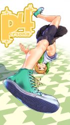 Rule 34 | 1girl, bike shorts, bike shorts under skirt, bra, brown eyes, brown hair, converse, foreshortening, green jacket, handstand, highres, houndstooth, jacket, jorori, midriff, navel, official art, one arm handstand, open clothes, open jacket, open mouth, persona, persona 4, persona 4: dancing all night, persona dancing, pleated skirt, satonaka chie, shoes, short hair, skirt, sneakers, solo, sports bra, spread legs, underwear, upshirt, upside-down