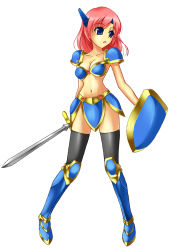Rule 34 | 1990s (style), 1girl, armor, bikini armor, blue eyes, boots, breasts, cleavage, female focus, final fantasy, final fantasy v, full body, knight, lenna charlotte tycoon, midriff, pink hair, retro artstyle, shield, short hair, shoulder pads, simple background, solo, sword, thighhighs, tiara, uchouten, weapon, white background