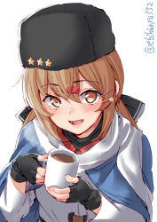 Rule 34 | 1girl, black gloves, black hat, blue shawl, blush, brown eyes, brown hair, coffee, cup, ebifurya, fingerless gloves, fur hat, gloves, hair between eyes, hair ornament, hair ribbon, hairclip, hat, highres, holding, holding cup, kantai collection, long hair, long sleeves, low twintails, open mouth, papakha, ribbon, scarf, shawl, simple background, solo, tashkent (kancolle), twintails, twitter username, white background, white scarf