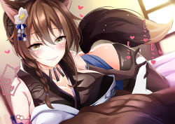 Rule 34 | 1boy, 1girl, absurdres, animal ears, ass, bad id, bad pixiv id, bare shoulders, bed, black shirt, black thighhighs, blank censor, blue skirt, blush, braid, breast press, breasts, brown hair, censored, cleavage, clothes lift, cum, dutch angle, flower, fox ears, fox girl, fox tail, fumi (nijisanji), glansjob, gloved handjob, gloves, hair between eyes, hair flower, hair ornament, handjob, heart, hetero, highres, indoors, japanese clothes, jewelry, large breasts, long hair, looking at viewer, mikoto (stbk), necklace, nijisanji, no panties, official alternate costume, on bed, penis, pov, shirt, side braid, skirt, skirt lift, smile, tail, thighhighs, virtual youtuber, white flower, yellow eyes