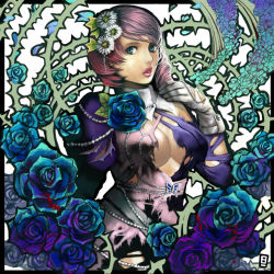 Rule 34 | 1girl, alisa boskonovich, android, asymmetrical clothes, asymmetrical hair, bare shoulders, blood, blue eyes, blue flower, blue rose, breasts, bug, butterfly, cleavage, dan (drinkm), flower, gloves, hair flower, hair ornament, insect, looking at viewer, multicolored hair, namco, parted lips, pink hair, rose, simple background, solo, tekken, torn clothes, two-tone hair, upper body