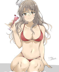 Rule 34 | 1girl, artist name, bikini, breasts, brown eyes, cleavage, cocktail glass, cup, dated, drinking glass, feet out of frame, gakky, grey hair, hat, highres, kantai collection, long hair, looking at viewer, medium breasts, mini hat, one-hour drawing challenge, pola (kancolle), red bikini, simple background, sitting, smile, solo, swimsuit, tilted headwear, wavy hair, white background