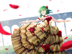 Rule 34 | dress, european clothes, flower, gown, green eyes, green hair, gumi, highres, kazashino, open mouth, outstretched arms, petals, rose, short hair, solo, spread arms, vocaloid