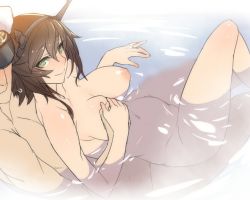 Rule 34 | 10s, 1boy, 1girl, admiral (kancolle), ban! (bansankan), bath, bathing, blush, breasts, brown hair, completely nude, faceless, faceless male, grabbing, grabbing another&#039;s breast, grabbing another's breast, green eyes, guided breast grab, guiding hand, hat, hetero, jewelry, kantai collection, large breasts, mixed-sex bathing, mutsu (kancolle), navel, nipples, nude, peaked cap, ring, shared bathing, smile, uniform, water, wedding band