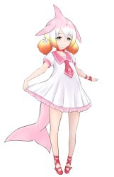 Rule 34 | 10s, 1girl, cetacean tail, chinese white dolphin (kemono friends), choker, dress, fins, fish tail, full body, grey eyes, ise (0425), kemono friends, looking at viewer, low twintails, medium hair, multicolored hair, orange hair, pink footwear, pink hair, pink sailor collar, puffy short sleeves, puffy sleeves, red choker, red ribbon, ribbon, sailor collar, sailor dress, shoes, short sleeves, simple background, skirt hold, smile, solo, tail, twintails, white background, white dress, white hair, wrist ribbon