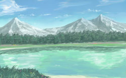 Rule 34 | day, lake, landscape, mountain, no humans, original, scenery, sky, tree, water, yuraui